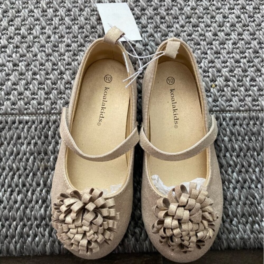 Koala Kids Tan/gold Dress Shoes with Flower Accent